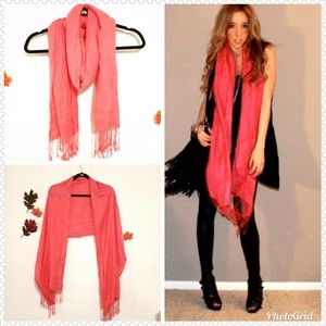 NWOT Peach/Pink Fringed Scarf-Shawl, extra long for various wrapping.